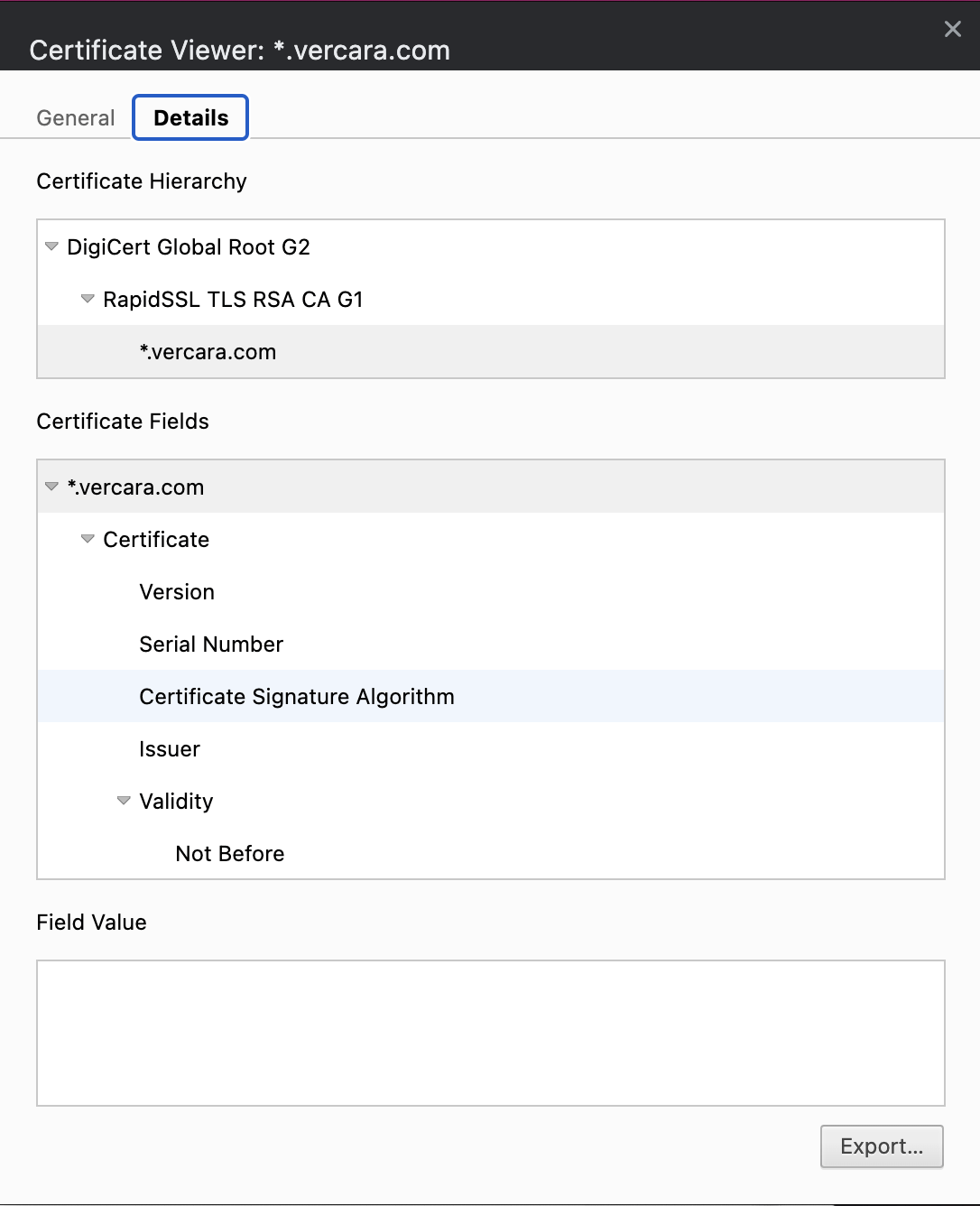Screenshot Screenshot of certificate information.