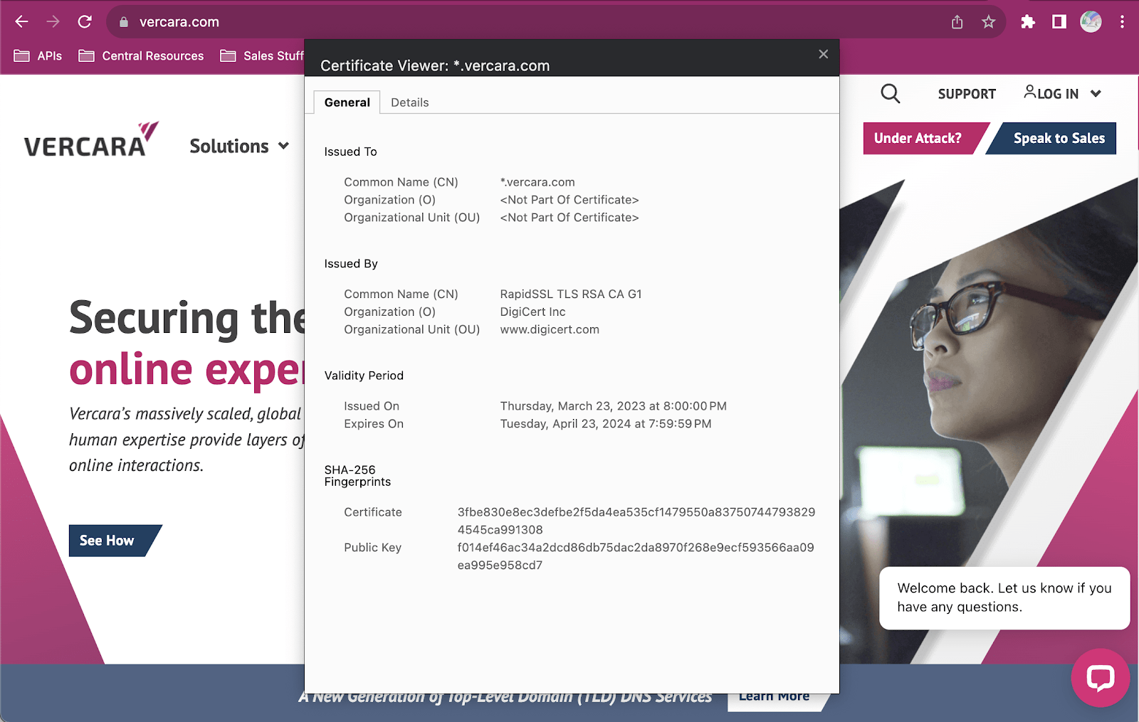 Security A screenshot shows Vercara's DigiCert.