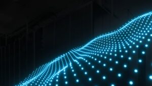 Abstract blue dots over a shadowed server